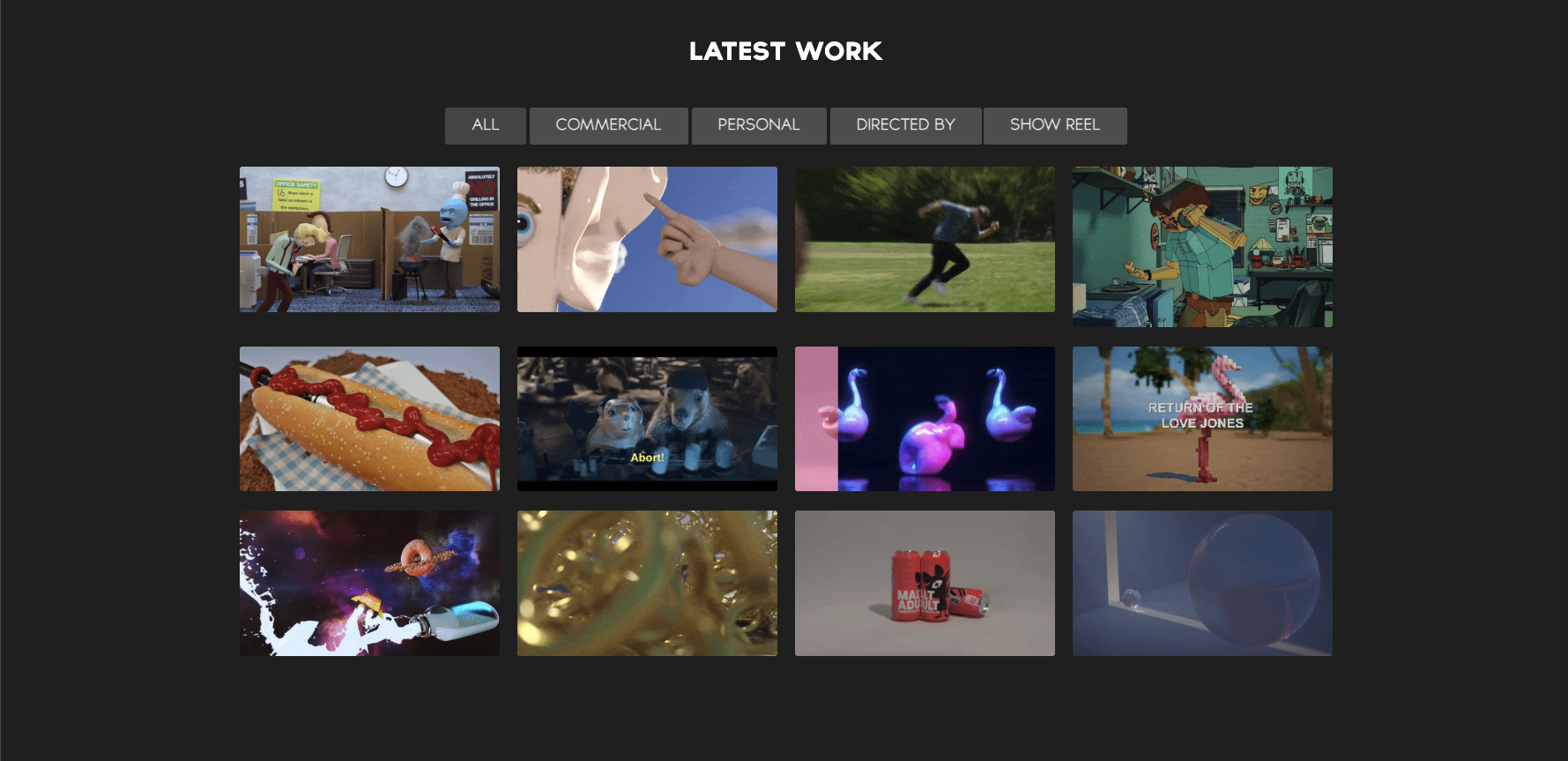 The Christopher Rutledge portfolio archive: a grid of animated project previews beneath a 'Latest Work' heading on a dark interface