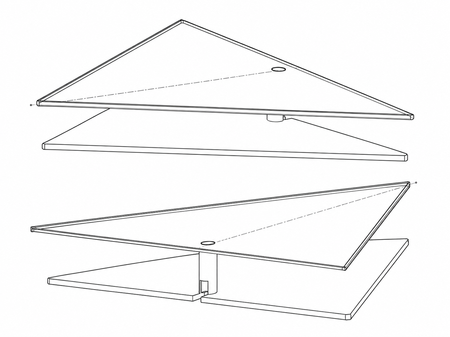 CAD line drawing showing two views of the triangular structure and base