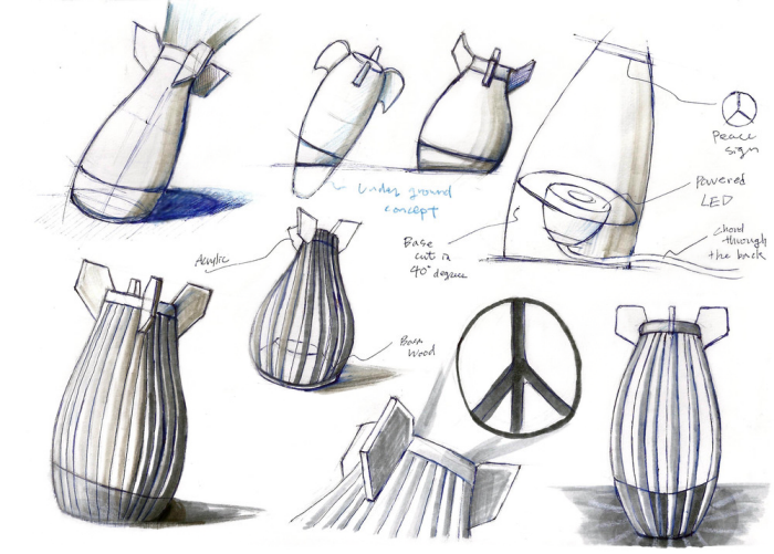 Original Peacebomb concept sketches showing the lamp form and peace-symbol structure