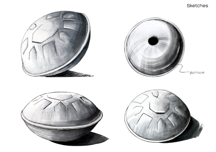 Original concept sketches of the steel tongue drum from four angles