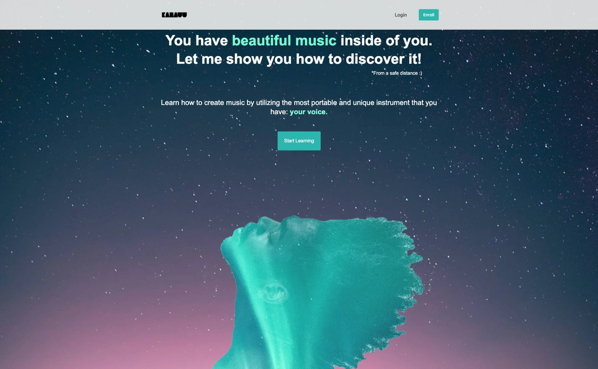 Original KAMAUU University homepage — a star-filled sky behind the words 'You have beautiful music inside of you'
