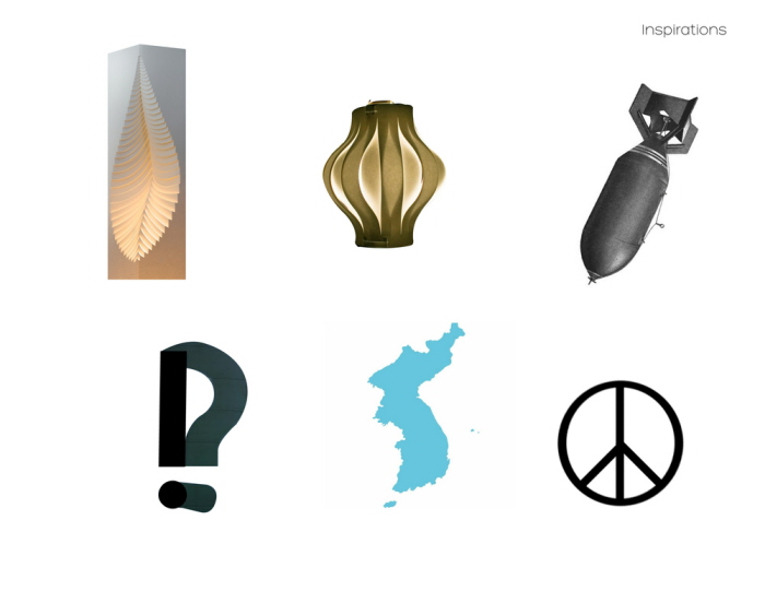 Original inspiration sheet with lighting forms, a bomb silhouette, Korea, and a peace symbol