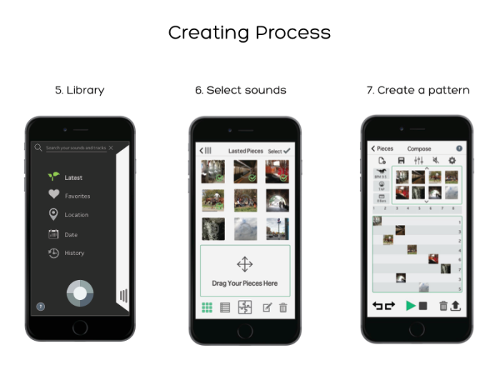 Original documentation of the POY creating process: library, selecting sounds, and arranging them into a pattern