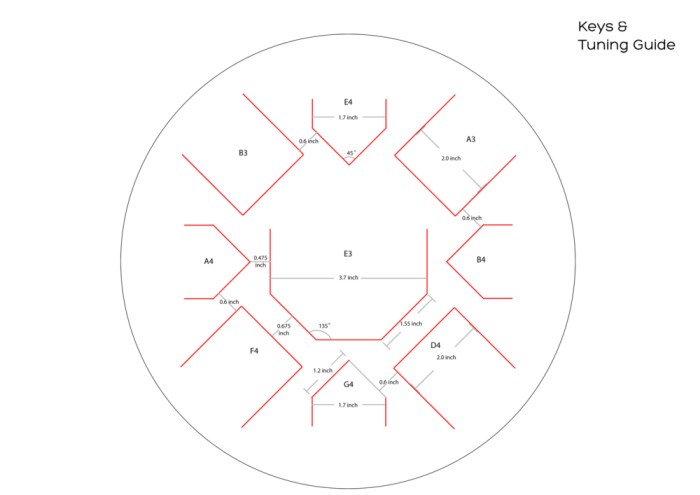 Keys and tuning guide drawing showing each cut tongue and its note
