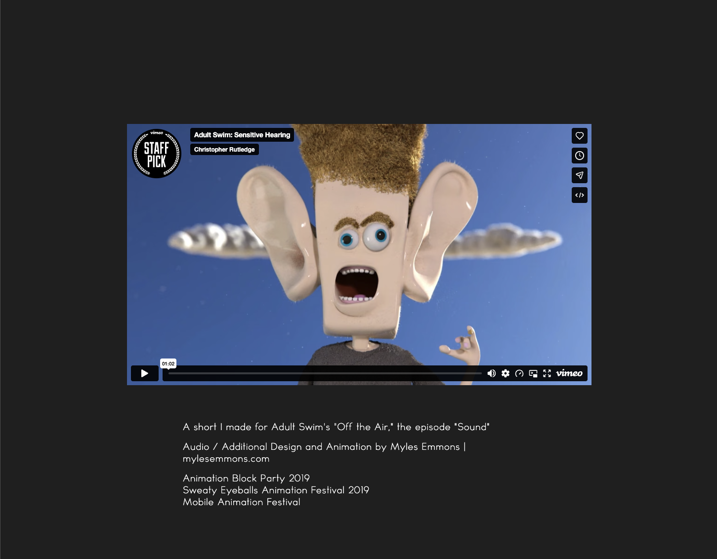 A Christopher Rutledge project page: a dark interface with a large video player above the project's description, credits, and festival recognition