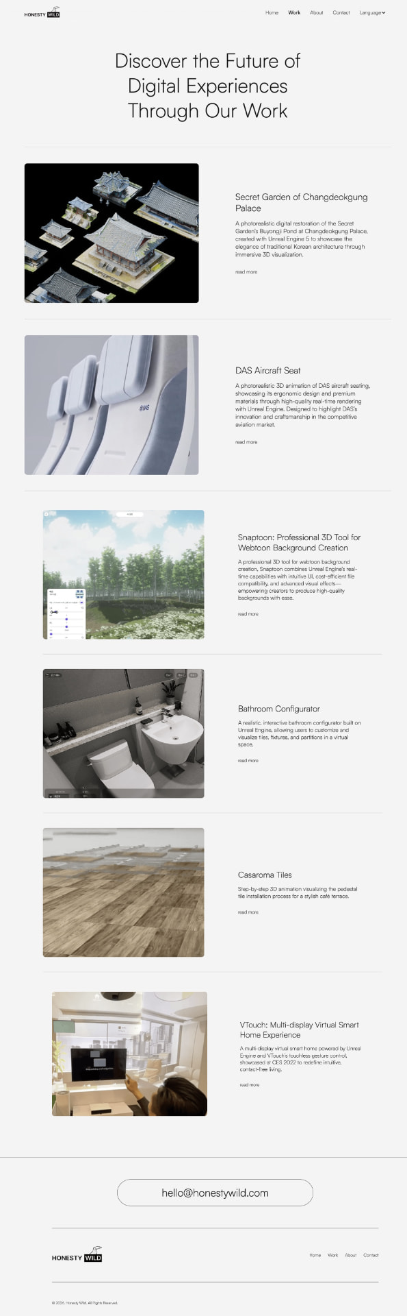 Honesty Wild Work index — the full projects sequence as one continuous page