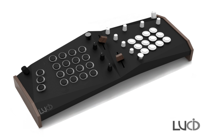 Product visualization of the black Lucid MIDI instrument with controls across its angled surface