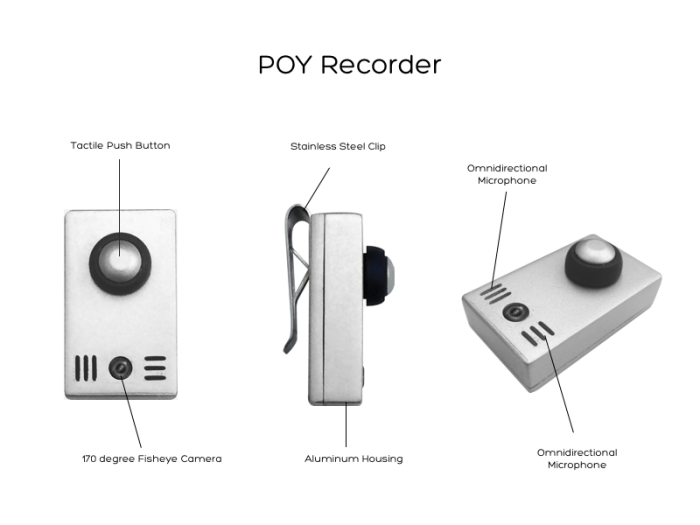 Original POY Recorder product drawing showing front, side and perspective views of the aluminium recording device