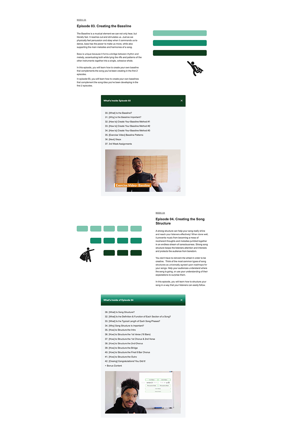 Intro to Vocal Production curriculum continued — Week 03 bassline and Week 04 song structure with exercise videos