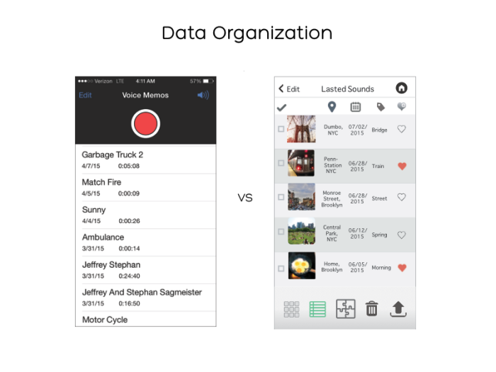 Original comparison of anonymous voice memos against POY's contextual sound library with place, date and tags