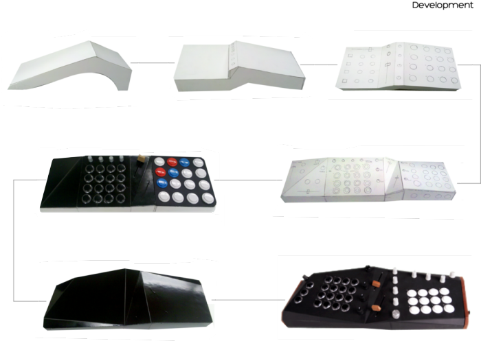 Archival form-development composite showing Lucid mockups and physical prototypes