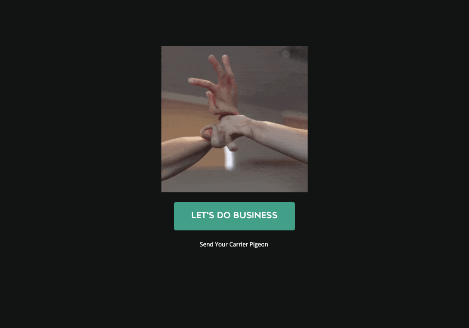 The portfolio's contact moment: two sculpted hands reaching toward each other above a 'Let's do business' button