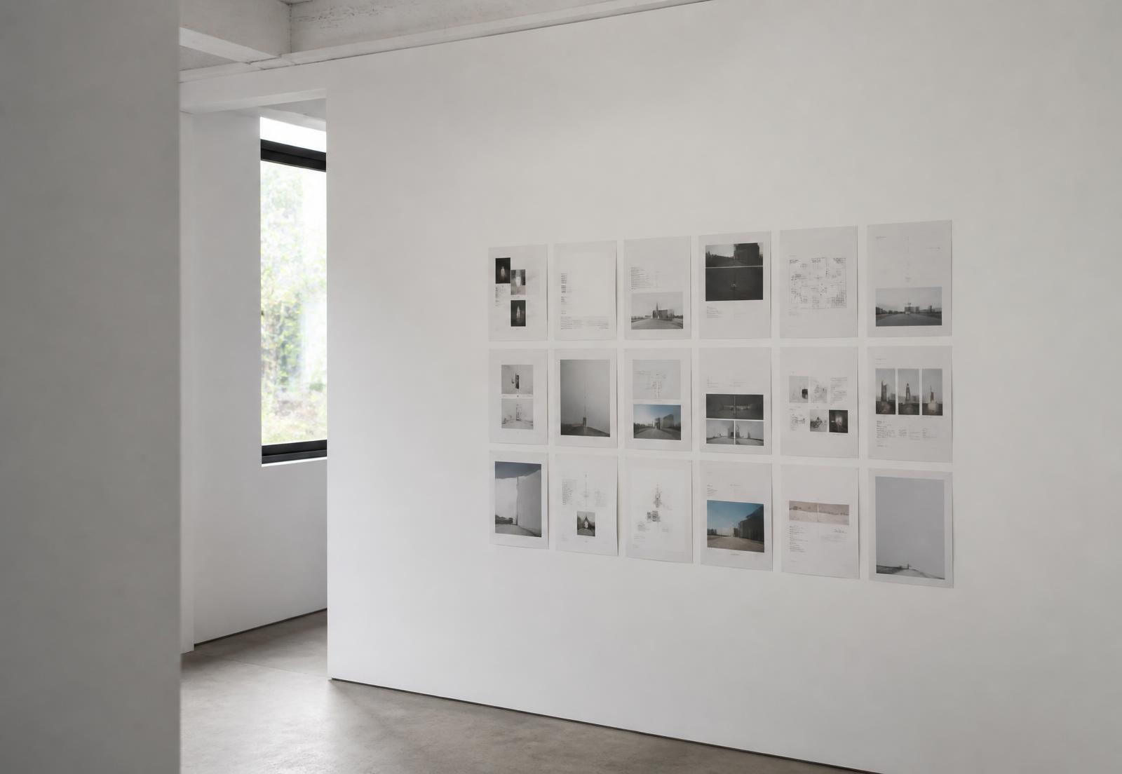 Printed sheets arranged in a grid on a white gallery wall