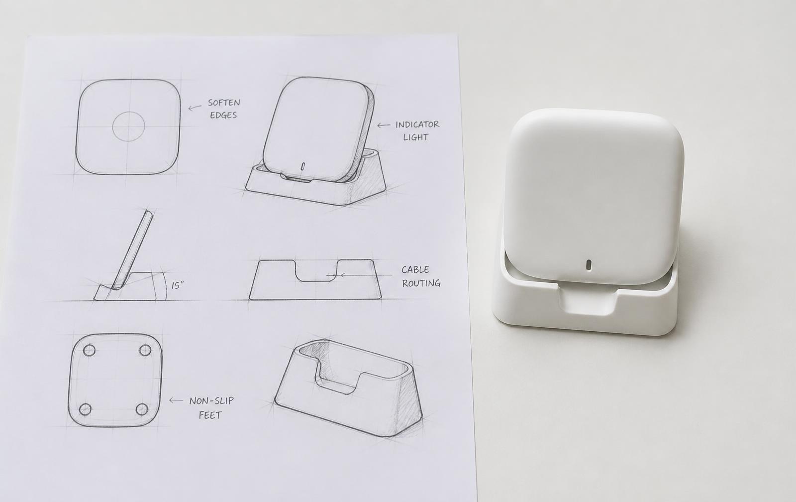 Sketch sheet beside a white object prototype