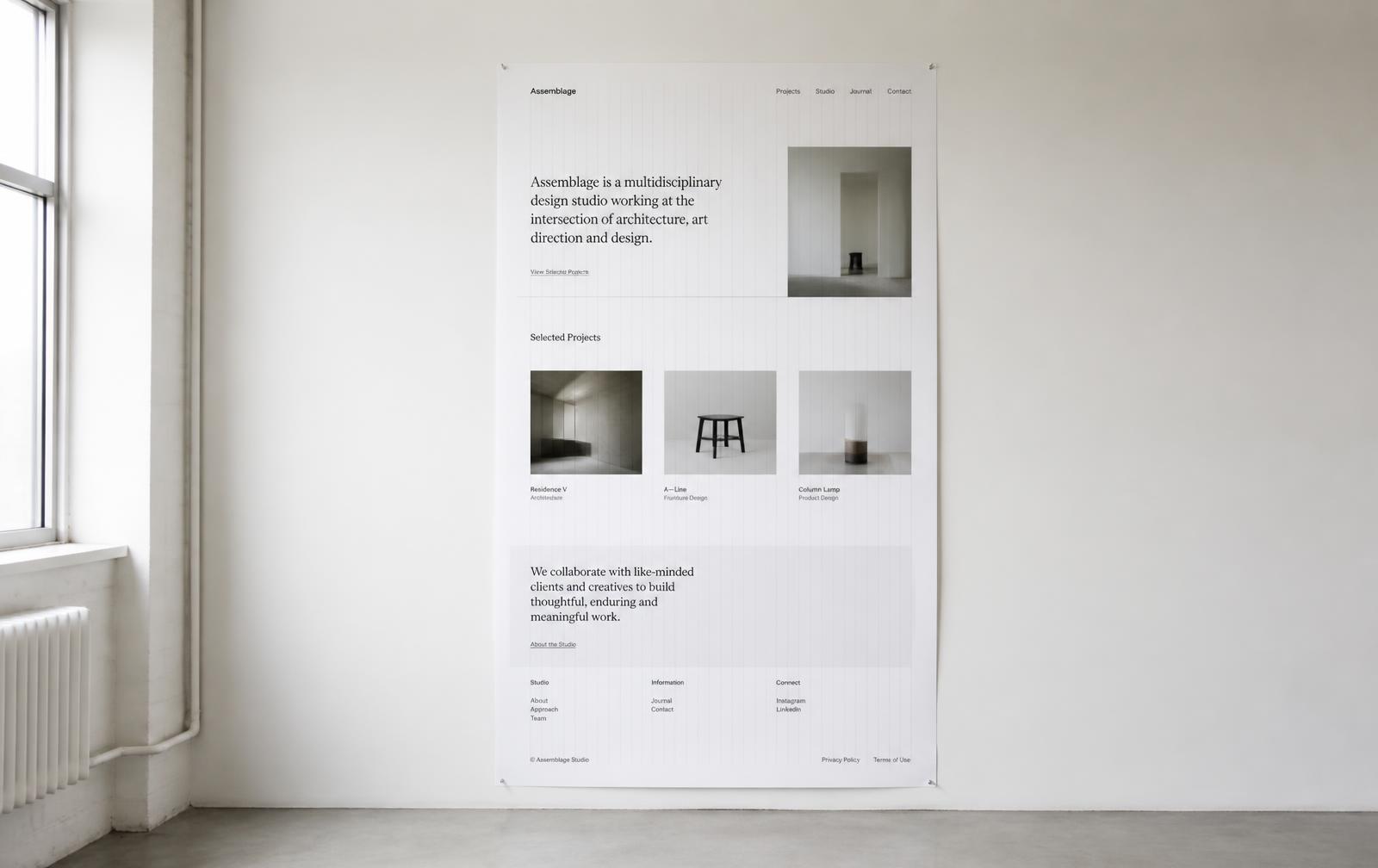 A large printed layout pinned to a white wall