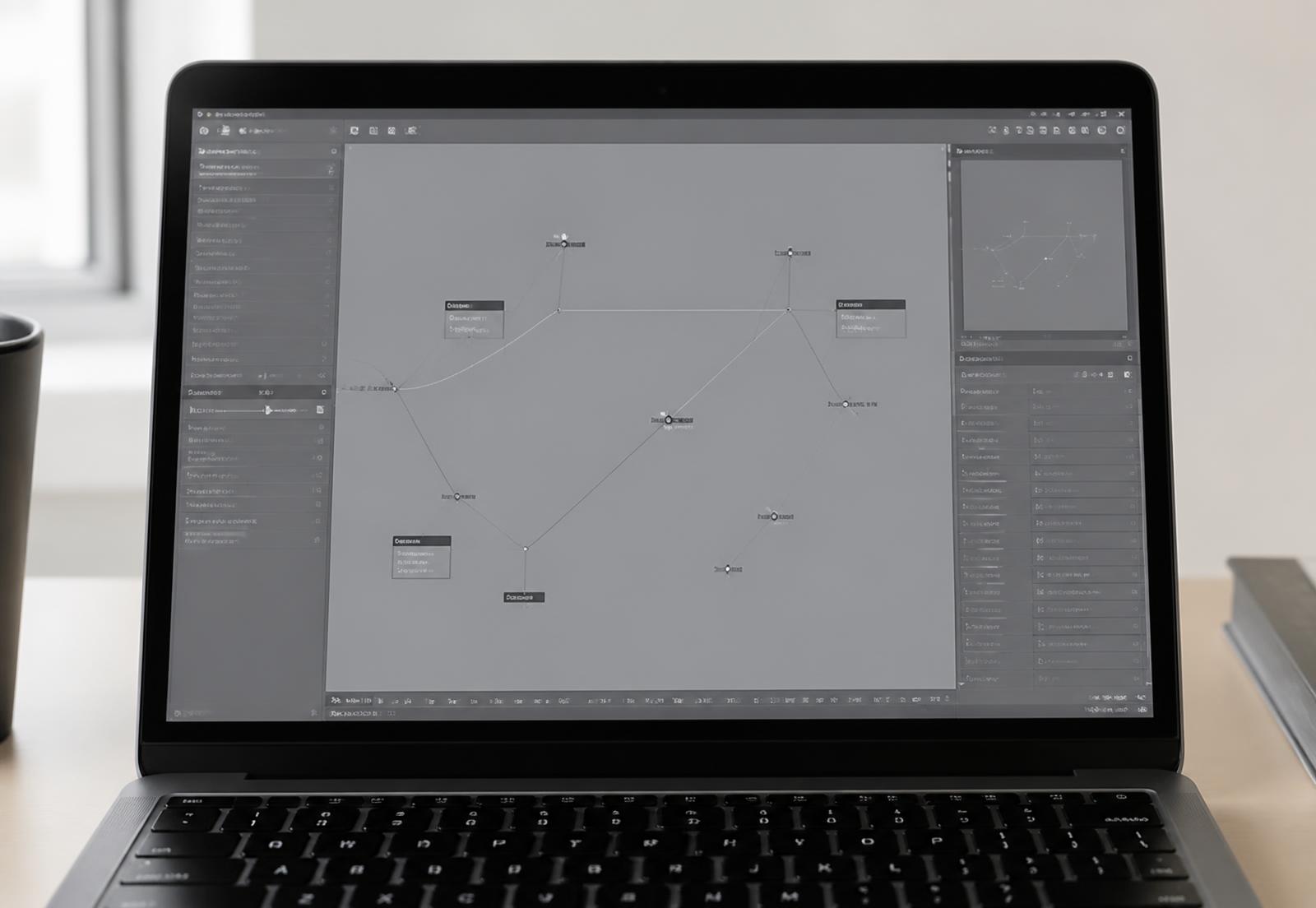 A laptop screen showing a sparse node-based grey interface
