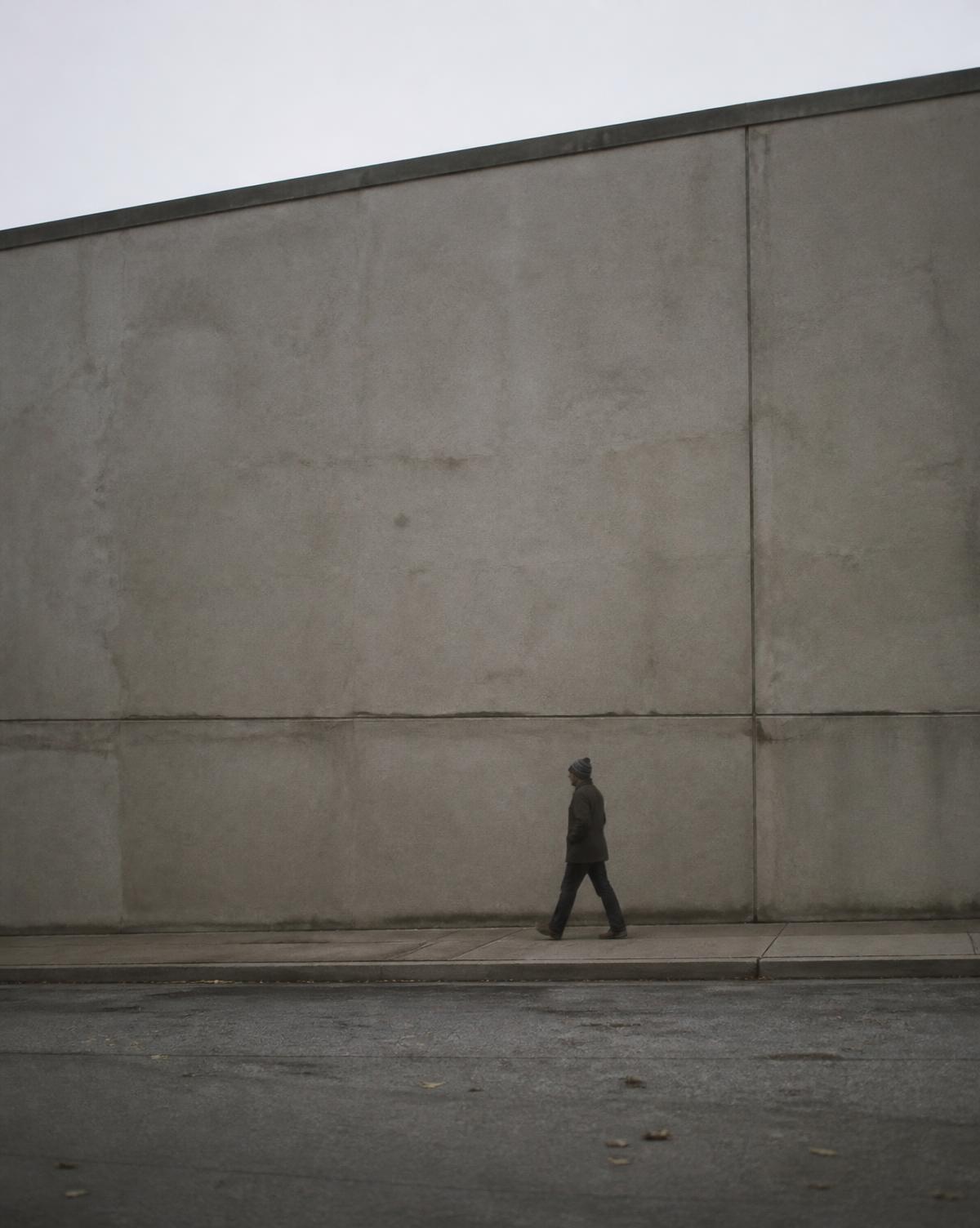A distant figure walking past a large concrete wall